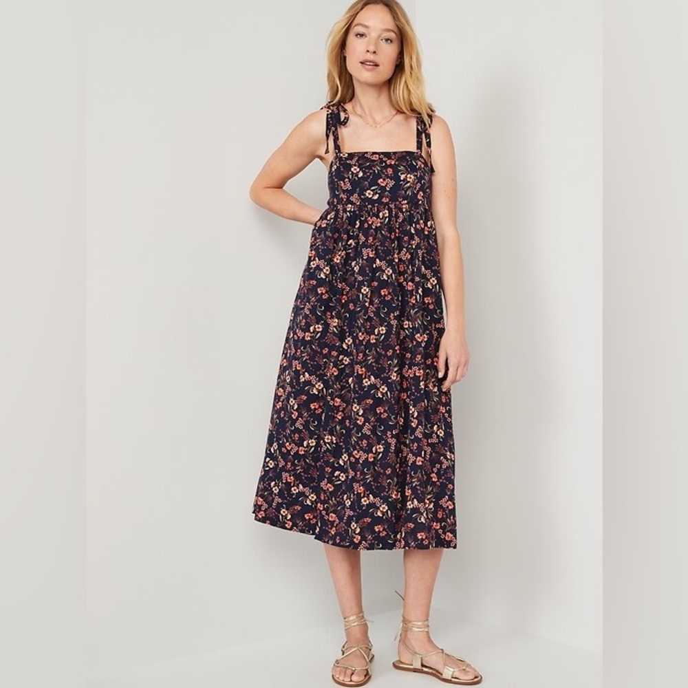 Navy Floral Print Midi Swing Tie Shoulder Square Neck Casual Flowy Summer Dress